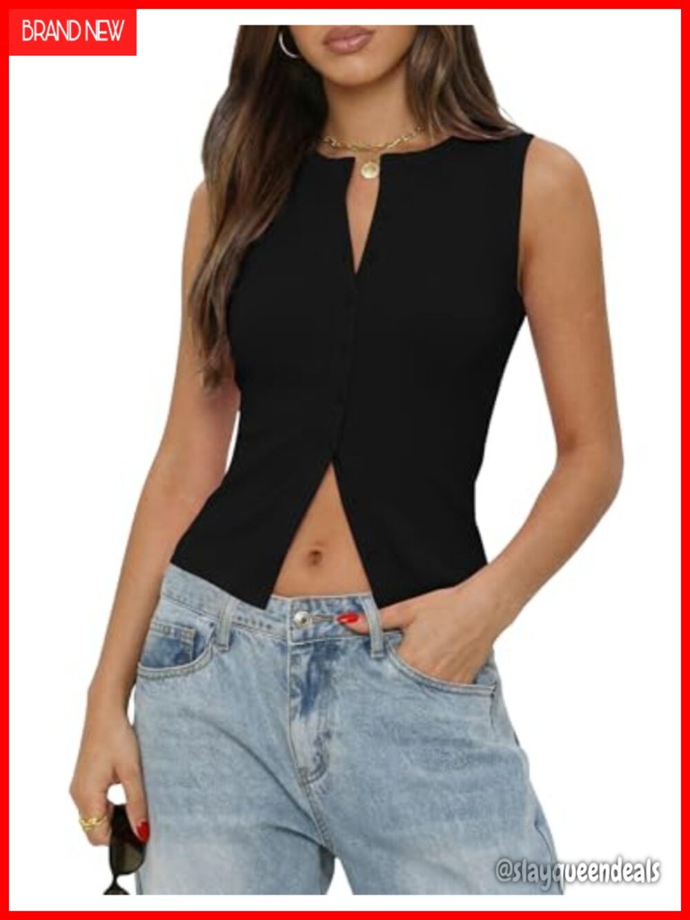 Sleeveless Button Down Ribbed Crop Tank Top Y2K Slim Fit Summer